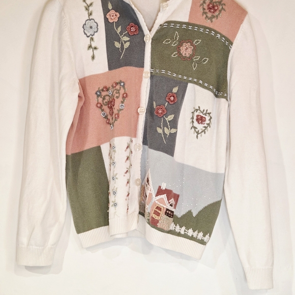Vintage Alfred Dunner Patchwork Floral Embroidery Cardigan Sweater Cottagecore - Picture 11 of 12